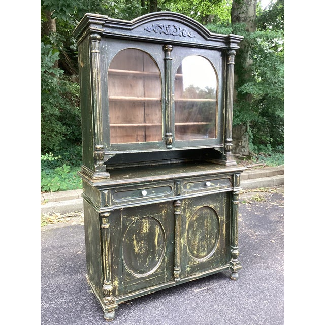 Dark Green Antique Swedish Gustavian Style Painted Pine Two-Piece Hutch Cabinet For Sale - Image 8 of 10