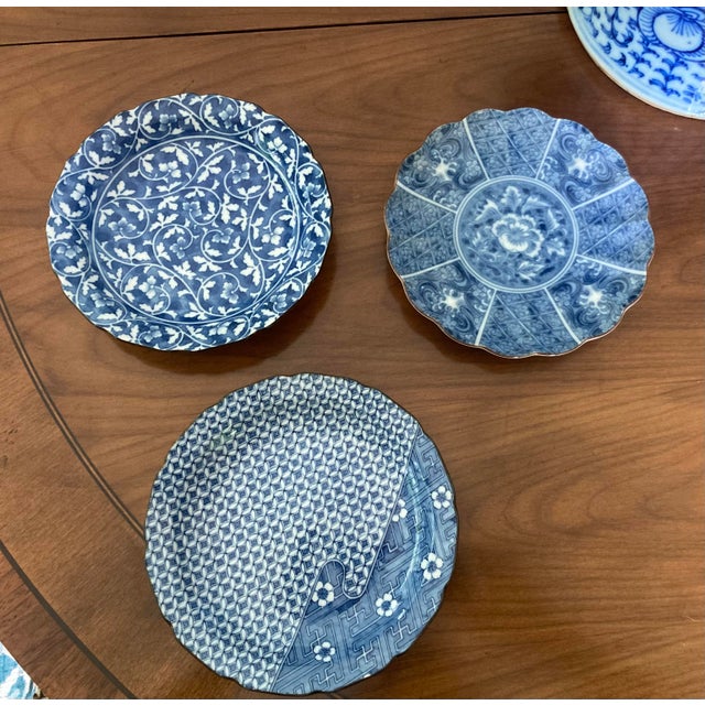 Very elegant set of three blue and white scalloped salad or dessert dishes. These would be the perfect addition to a blue...