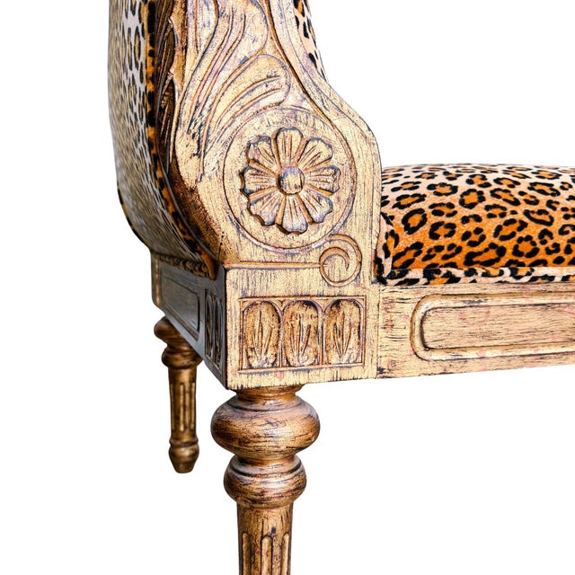 Brown Neoclassical Giltwood Bench With Rolled Arms and Leopard Print by Italmond For Sale - Image 8 of 11