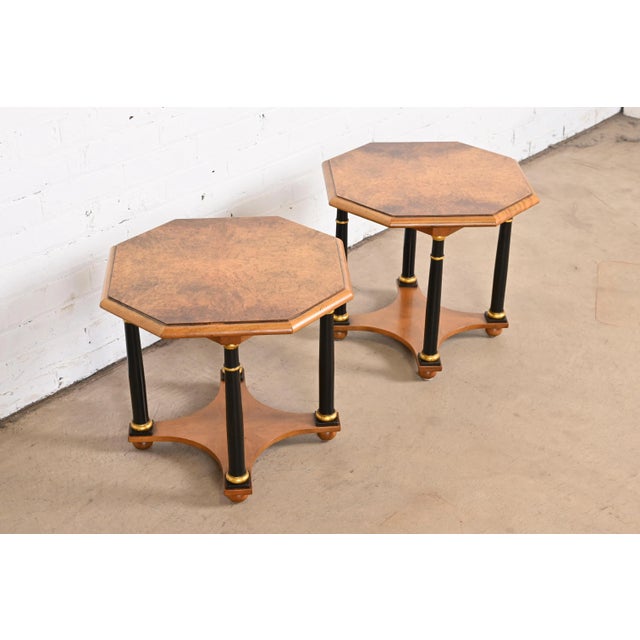 1960s Baker Furniture Neoclassical Burled Walnut Tea Tables, Pair For Sale - Image 5 of 10