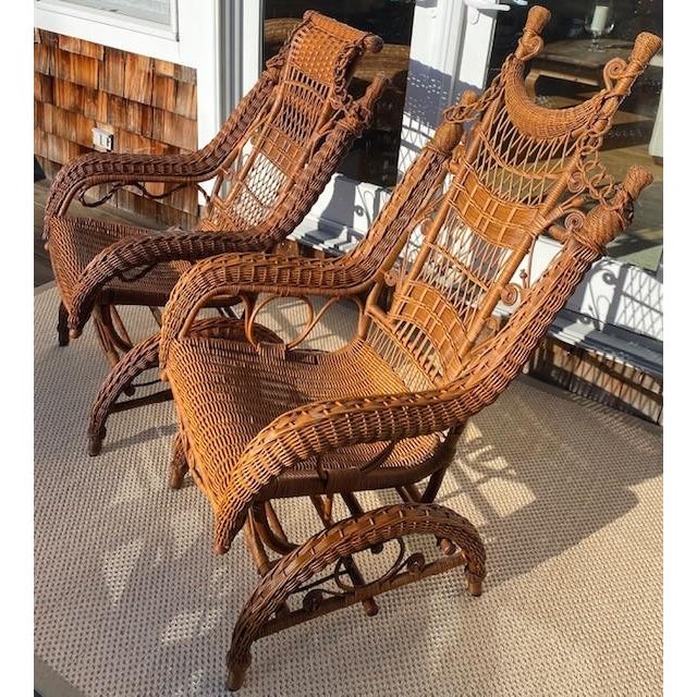 Late 19th Century Antique King and Queen Wicker Rocking Chairs, a Pair For Sale - Image 5 of 12