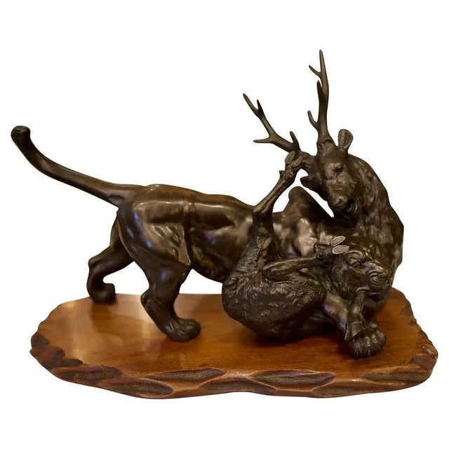 Metal Japanese Meiji Bronze Tiger and Antelope on Hardwood Base For Sale - Image 7 of 7