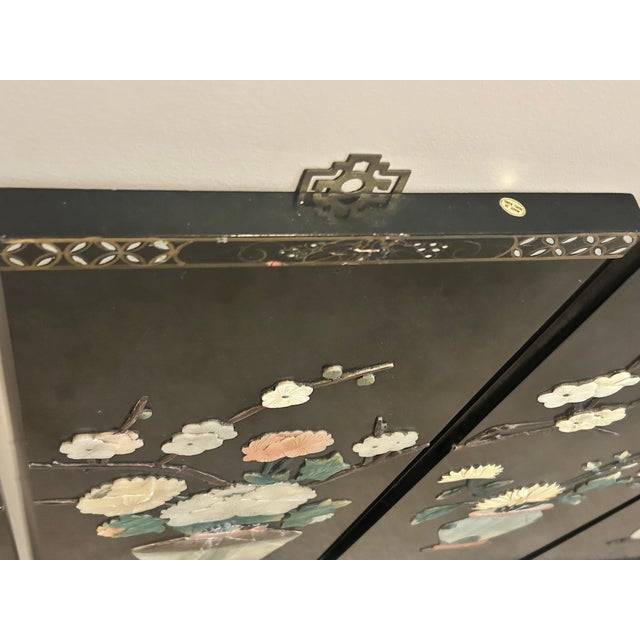 Vintage Mid-Century Chinese Black Lacquer & Soapstone Four Seasons Wall Panels - Set of 4 For Sale - Image 4 of 10