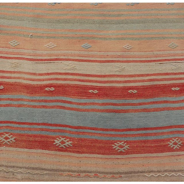 Mid 20th Century Vintage Turkish Kilim Runner in Coral, Blue and Beige Striped Design 2'10" X 11'6" For Sale - Image 5 of 10