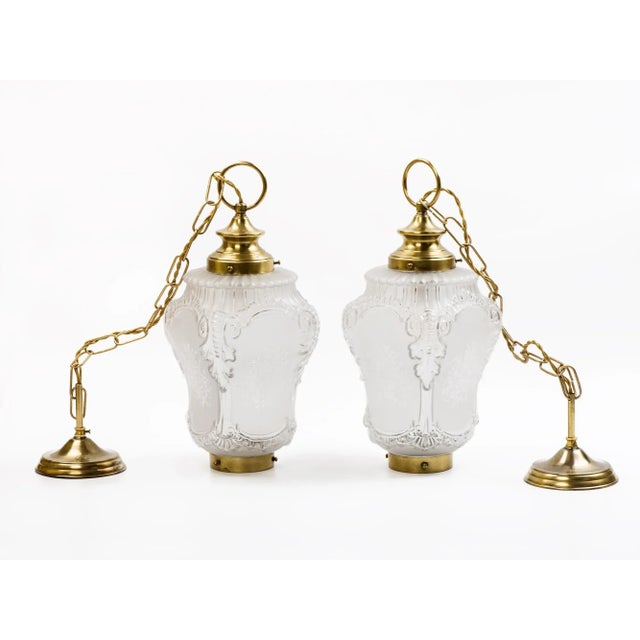 1950s 1950s French Rococo Brass Chain Pendant Lights, Acid-Etched Pressed Crystal Shades - A Pair For Sale - Image 5 of 12