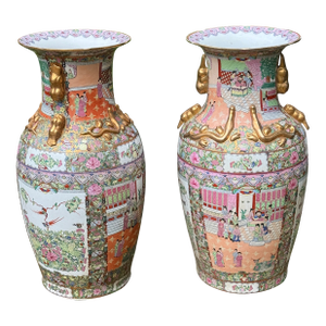 Pair of 18th Century Chinese Hand Painted Famille Rose Medallion Temple Vase/Urns