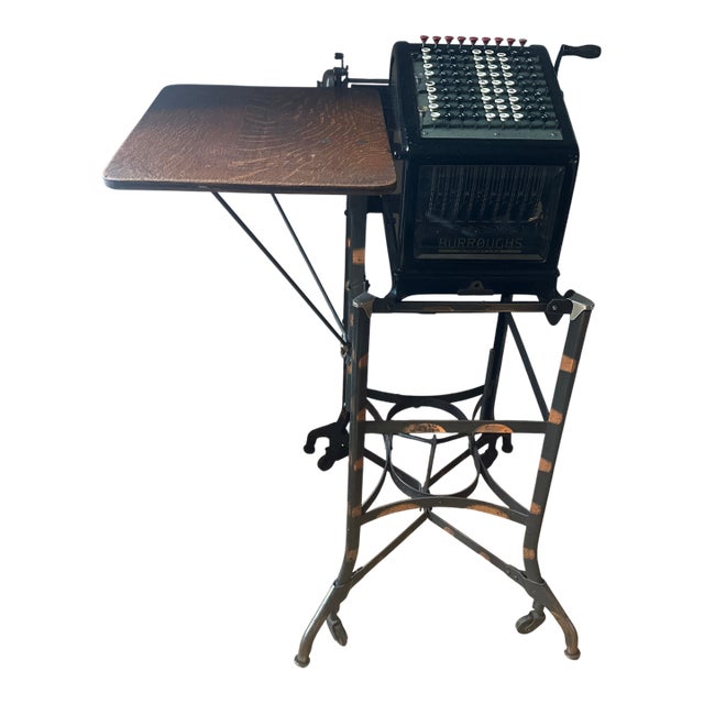 Early 20th-Century Burroughs Class 9 Mechanical Adding and Listing Machine, Manufactured Circa 1914–1917, Presented on Its Original Metal Floor Stand. For Sale