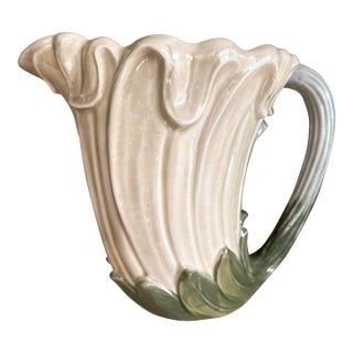Vintage Fitz & Floyd Floral Ceramic Pitcher, Cream & Green, C. 1983 For Sale