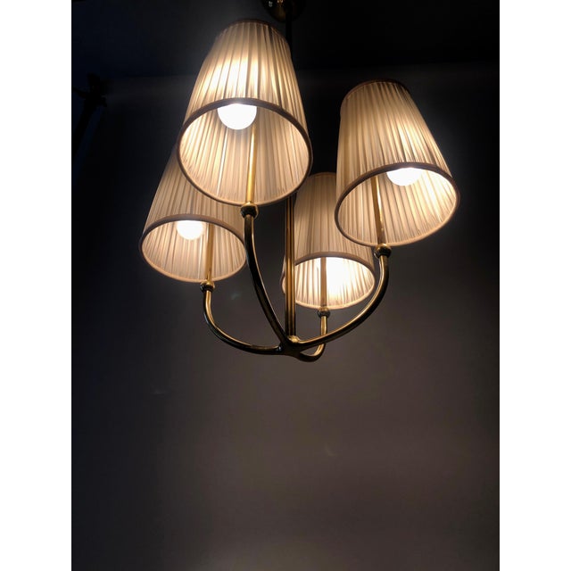 4-Arm Chandelier in Brass with Silk Shades, Austria, 1930s For Sale - Image 9 of 17