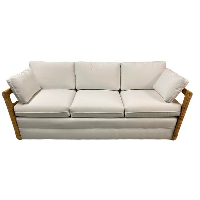Gabriella Crespi Crespi Style Rattan Sofa With Quadrille White Suncloth For Sale - Image 4 of 13