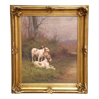 19th C. English Oil on Canvas of Hunting Dogs in Gilt Frame Signed R. Valley For Sale