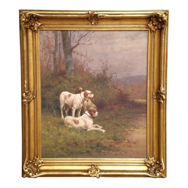 19th C. English Oil on Canvas of Hunting Dogs in Gilt Frame Signed R. Valley For Sale
