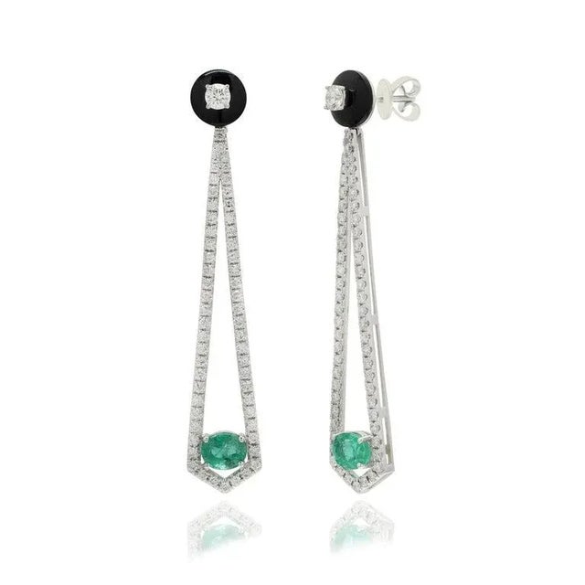 Art Deco Mid 20th Century Inspired Emerald Diamond Earrings With Enamel in 14k Solid Gold- A Pair For Sale - Image 3 of 8