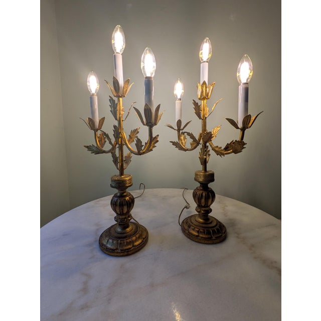 Wood Vintage Italian Three-Light Candlestick Gilt Table Lamps a Pair For Sale - Image 7 of 10