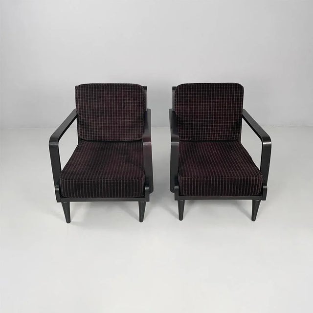 Italian mid-century modern wood velvet dark brown armchairs, 1940s Pair of armchairs with padded seats and backrests...