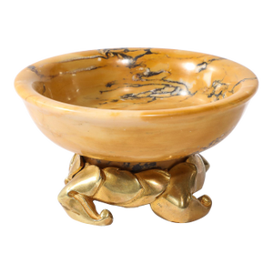 Art Deco Amber Gold Marble Dish With Stylized Gilt Bronze Base
