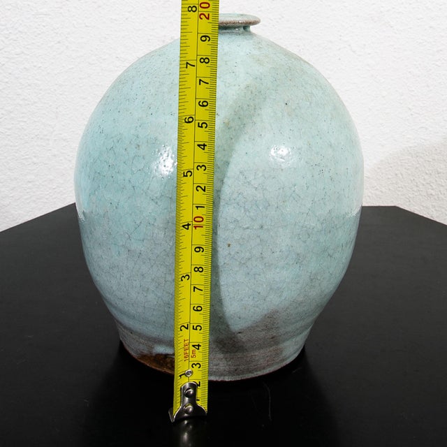 Mid Century Modern Round Vase Pot Teal Glaze Studio Ceramic Blue Weed Vintage For Sale - Image 12 of 12