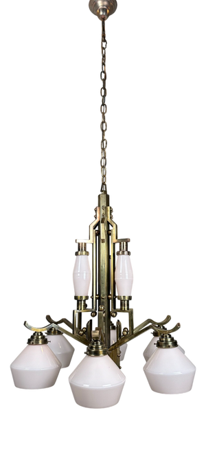 Art Deco Chandelier in Opaline and Brass, 1930s