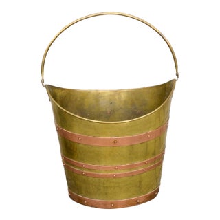 Early 20th Century English Wide Mouth Brass Bucket with Copper Straps For Sale