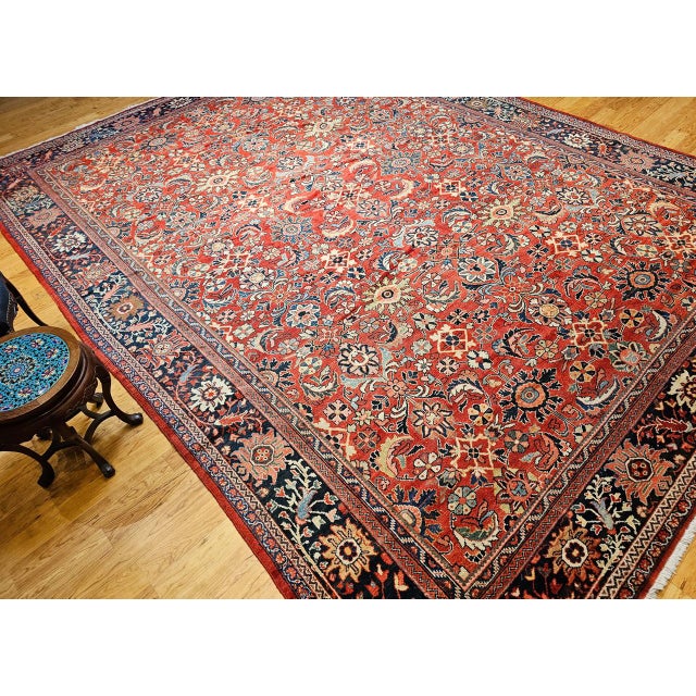 Vintage Oversized Persian Mahal Sultanabad Rug, Hand-Knotted Wool, Geometric Pattern, 12x15, Red & Navy For Sale - Image 4 of 18