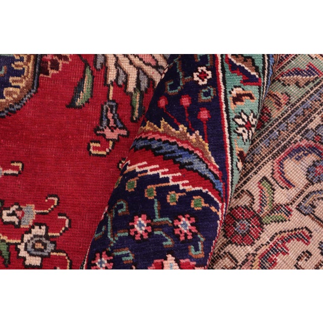 Red Retro Persian Tabriz Red/Blue Wool Rug - 9'10'' X 12'7'' For Sale - Image 8 of 10