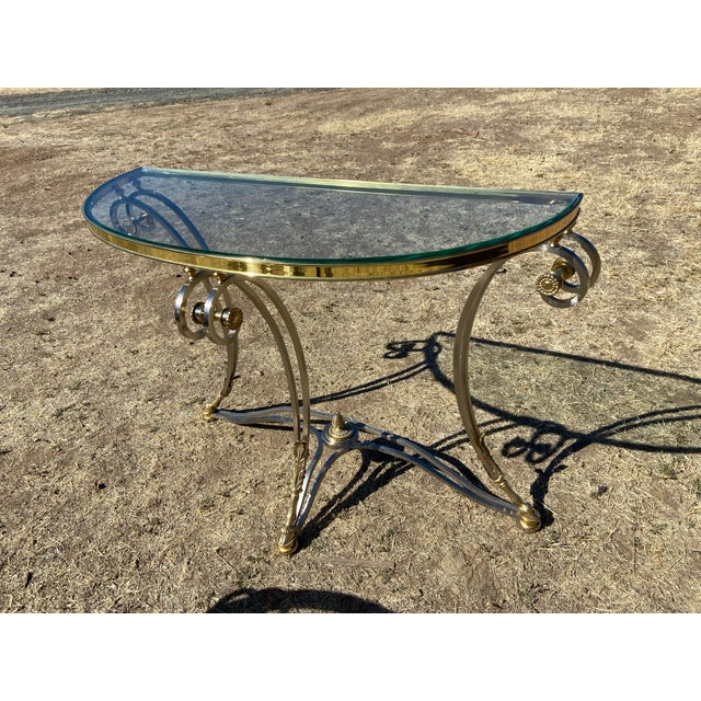 Metal Vintage LaBarge Steel & Brass Hollywood Regency Maison Jansen Style Demi-Lune Table and Coffee Table Set of 2 For Sale - Image 7 of 12