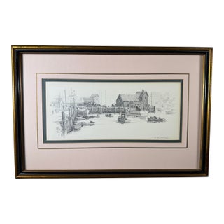 1960s Pair of Ferdinand R. Petrie Signed Harbor Pencil Drawings, Framed For Sale