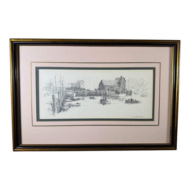 1960s Pair of Ferdinand R. Petrie Signed Harbor Pencil Drawings, Framed For Sale