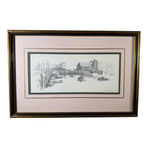 1960s Pair of Ferdinand R. Petrie Signed Harbor Pencil Drawings, Framed