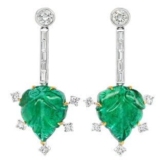 Carved Zambian Emerald Leaf and Diamond Platinum Drop Earrings - Fei Liu, Pair For Sale
