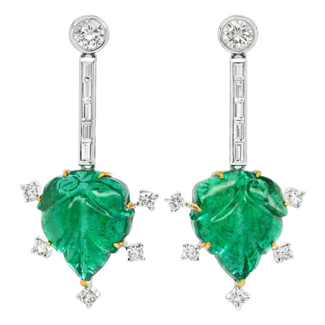 Carved Zambian Emerald Leaf and Diamond Platinum Drop Earrings - Fei Liu, Pair For Sale
