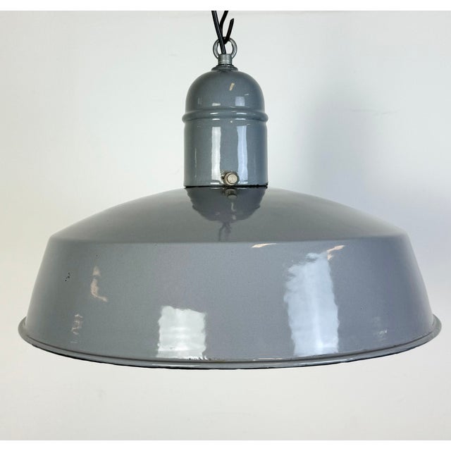 Industrial Grey Enamel Factory Pendant Lamp, 1960s For Sale - Image 9 of 18