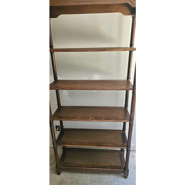 Mid-Century British Colonial Faux Bambo, Walnut and Woven Reed Estage or Bookcase For Sale - Image 4 of 11