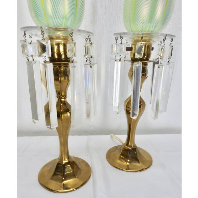 Art Nouveau Steuben Pulled Feather Shades on Antique Brass Lamp With Prisms - a Pair For Sale - Image 3 of 9