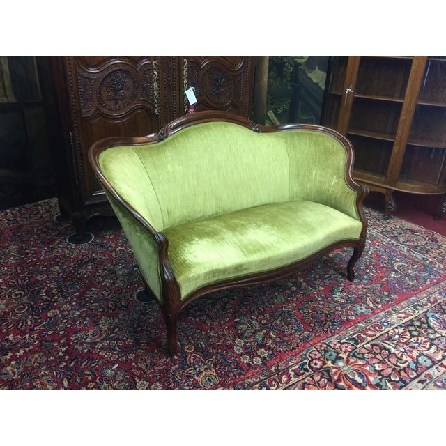 Wood Antique Settee, Apple Green Victorian Settee For Sale - Image 7 of 11