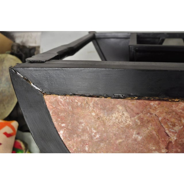 Vintage Chinese Chinoiserie Black Demilune Pink Marble Console Table - A Pair For Sale - Image 9 of 11