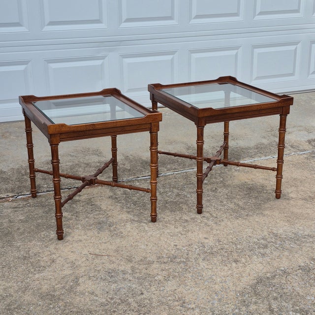 Mid-20th Century Vintage Lane Faux Bamboo Wood & Glass Side End Tables, a Pair For Sale - Image 13 of 13