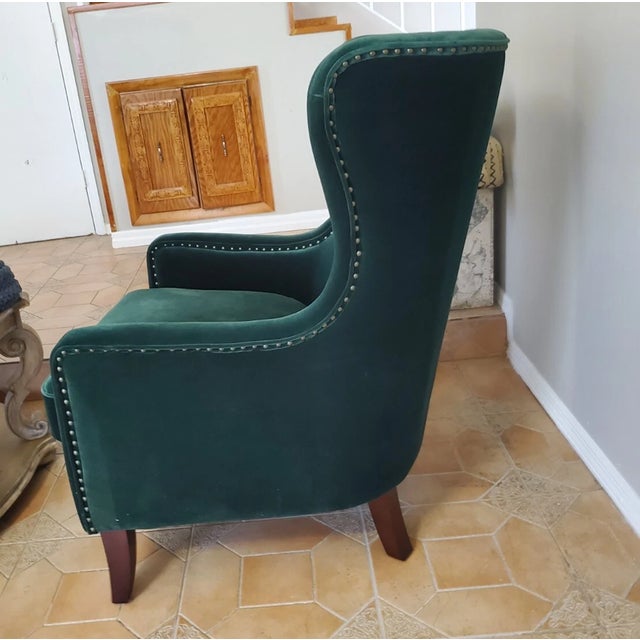 Vintage Green Velvet Wingback Arm Chair For Sale - Image 4 of 4