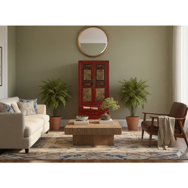 Vintage Oriental Red Beige People Scenery Graphic Storage Cabinet For Sale - Image 10 of 14