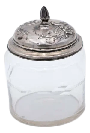 Glass Jar with Silver Lid with Flower Reliefs