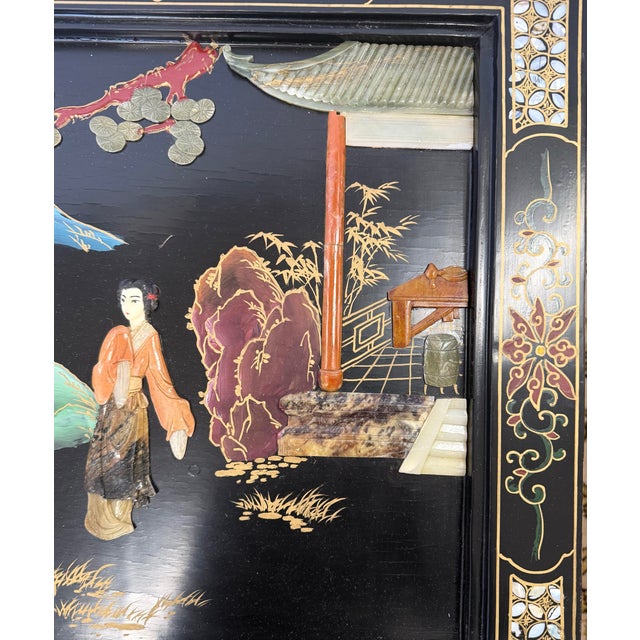Mid 20th Century Chinoiserie Black Lacquer Coffee Table With Carved Hard Stone Art For Sale In New York - Image 6 of 10