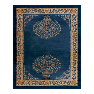 1930s Royal Blue Vase Tree Antique Chinese Peking Carpet 9'4'' X 11'9'' Knotted Wool Rug For Sale
