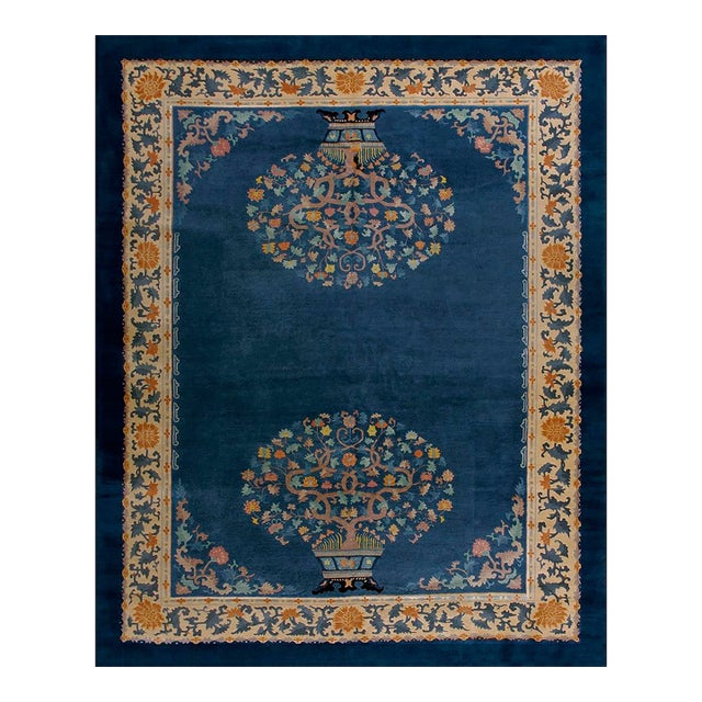 1930s Royal Blue Vase Tree Antique Chinese Peking Carpet 9'4'' X 11'9'' Knotted Wool Rug For Sale