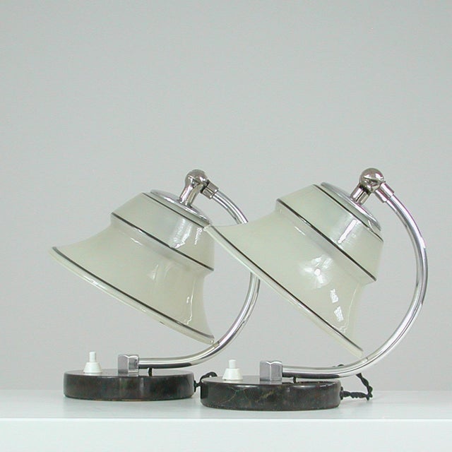 German Art Deco Enameled Satin Glass, Marble and Aluminum Table Lamps, 1930s, Set of 2 For Sale - Image 9 of 18