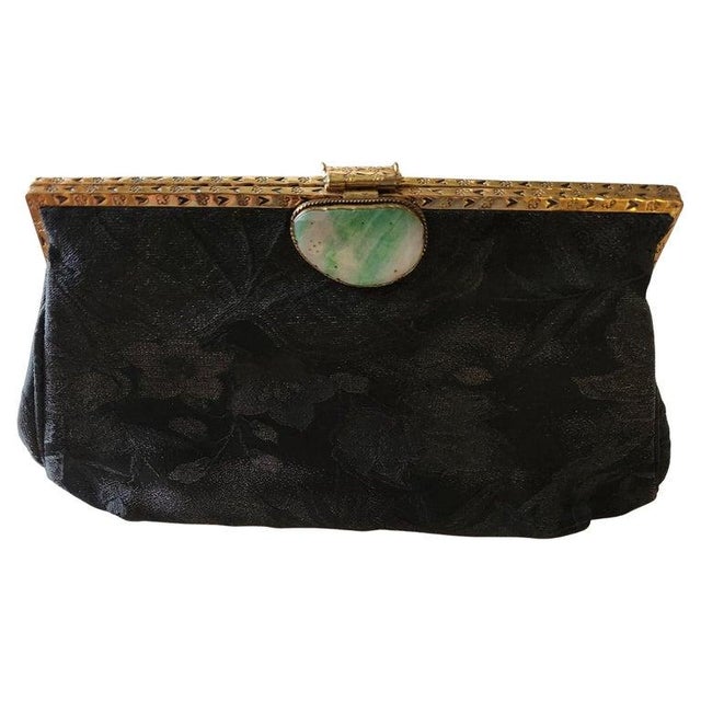 AMBIANIC presents 1960s Gump's San Francisco Black Clutch Bag Jade Clasp floral silk brocade pattern antiqued gold tone...