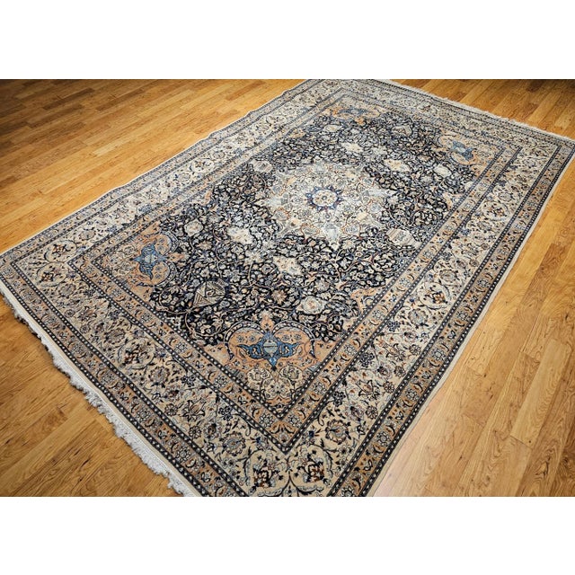 Vintage Room Size Persian Nain Rug, Handwoven Floral Pattern With Silk Highlights, Navy & Ivory , 9’ X 13’ For Sale - Image 12 of 12