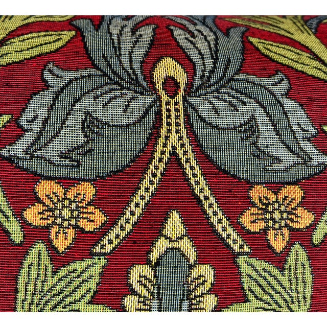 Renaissance 20" Square Decorative Pillow With a Renaissance Style Floral, Fruit & Bird Tapestry-Look Pattern on a Rich Red Background - Made in the U K For Sale - Image 3 of 12