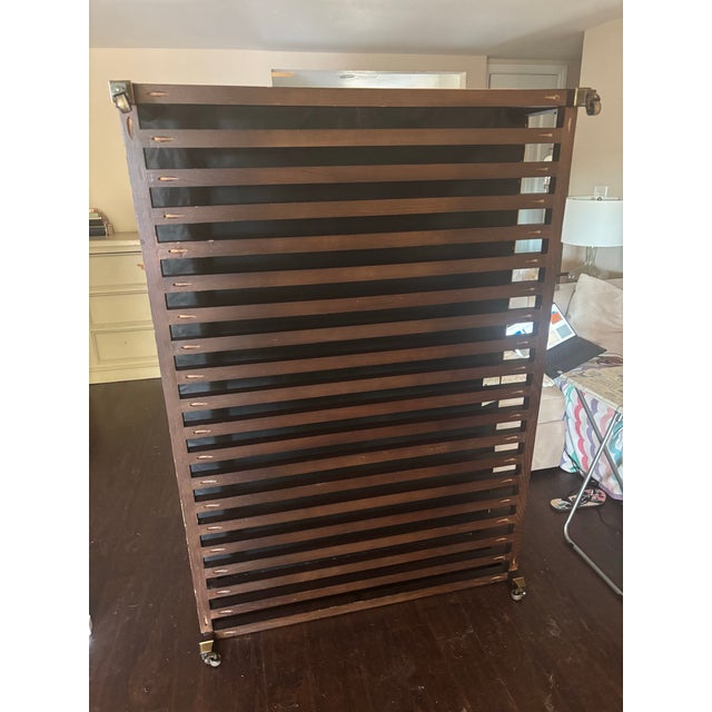 Sand Lee Industries Large Leather Cocktail Ottoman in Apex Sand Tan Color Wood Slats Great Used Condition. On Casters For Sale - Image 8 of 11