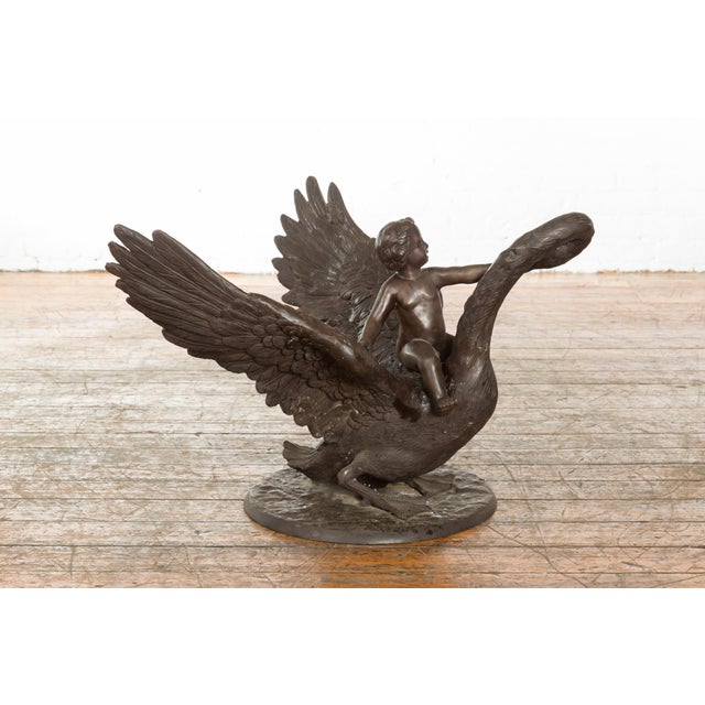 Brown Vintage Greco Roman Style Bronze Sculpture of a Chubby Putto Riding a Swan For Sale - Image 8 of 8