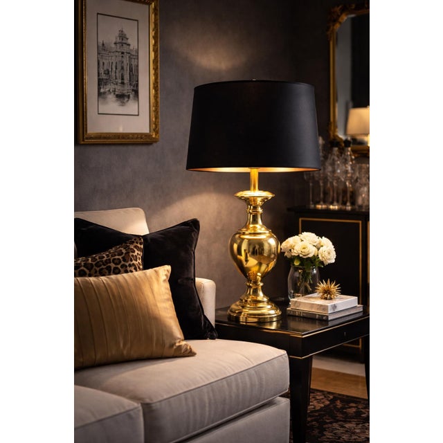Late 20th Century Vintage Hollywood Regency Brass Urn Table Lamp With Black Drum Shade & Gold Interior – 34” For Sale - Image 5 of 6